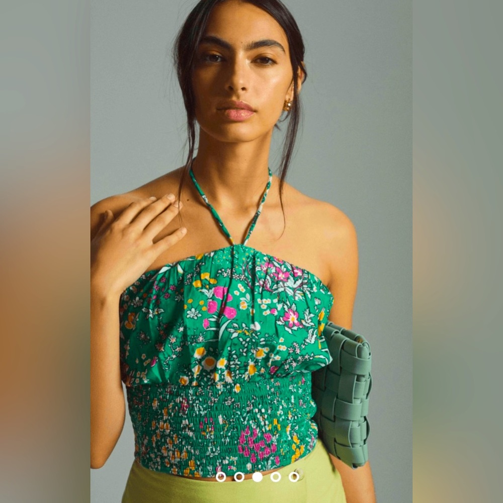 Maeve Anthropologie Women's Green Floral Smocked Boho Halter - Size M